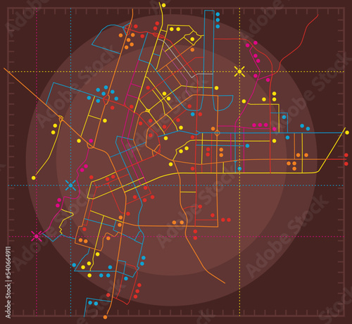 Abstract city map with location peeling markers. Determining the street layout on the radar. Transport scheme of roads. Urban vector background 