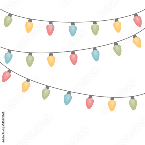 Colourful chain of Christmas lights isolated on transparent background. PNG illustration