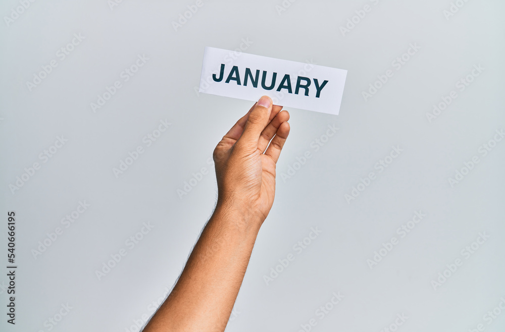 Hand of caucasian man holding paper with january word over isolated white background Hand of caucasian man holding paper with january word over isolated white background