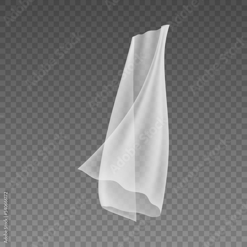 Sheer white tulle for window, isolated curtains of transparent or mesh material. Blowing wind effect, home interior design art. Vector in realistic style