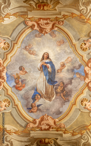 COURMAYEUR, ITALY - JULY 12, 2022: The ceiling fresco of Immaculate Conception in church Chiesa di San Pantaleone originaly by Giacomo Gnifetti from18. cent. and restored in1957 by Nino Pirlato.