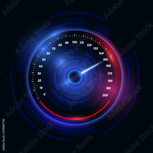Speedometer indicator, digital odometer display technology for racing game. Fast or slow internet connection speed meter stage. Vector illustration of automobile power meter