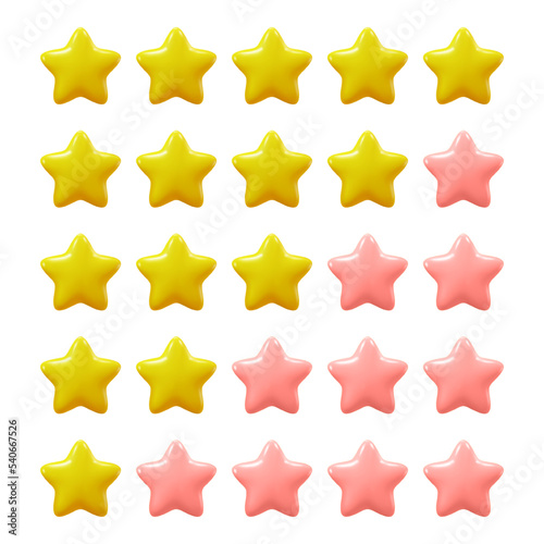 Ranking quality, rating or review with golden stars. Giving grade from one to five. Classification of standard or performance. Vector in three dimensional 3d style