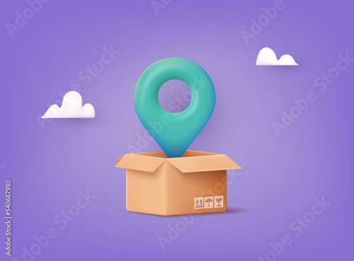 Cardboard delivery box with location pin. Order or parcel tracking. Navigation point. 3D Web Vector Illustrations.