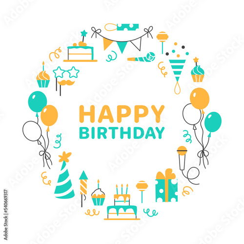 Happy Birthday color flat line circle frame with text space. Festive bright holiday design. Balloon cupcake birthday cake gift on white background Minimal greeting card concept vector illustration.