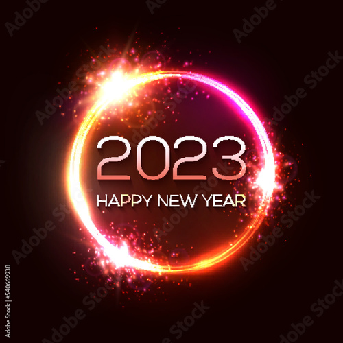 Happy New Year 2023 circle neon sign on dark red celebration background. Holiday greeting card design with glowing text. Dark night club party style. Light tube banner decoration vector illustration.