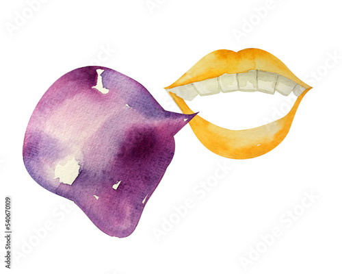 Yellow lips and purple spot dialog, message, speech, voice watercolor illustration.  Template for decorating designs and illustrations. photo