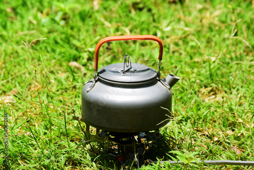 Outdoor camping kettle on stove