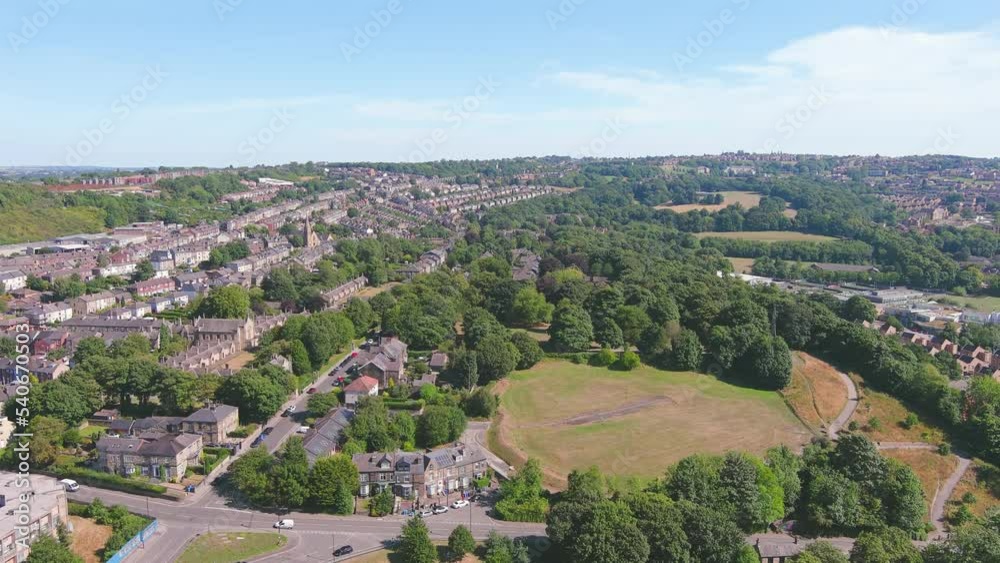 Sheffield, UK: Aerial view of city in England, suburb with residential houses and greenery - landscape panorama of United Kingdom from above Sheffield, UK: Aerial view of city in England, suburb with residential houses and greenery - landscape panorama of United Kingdom from above