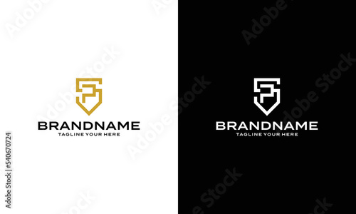 Initial Letter SP Shield shape logo template. on a black and white background.