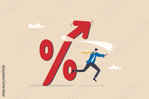 Cut or reduce inflation by monetary policy, FED, federal reserve or central bank increase interest rate to control inflation to acceptable level concept, businessman cut percentage sign with sword.