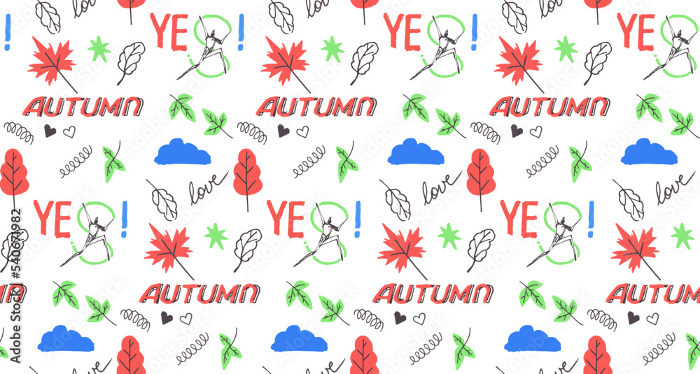 Doodles in notepad - autumn theme vector scribbles, seamless pattern