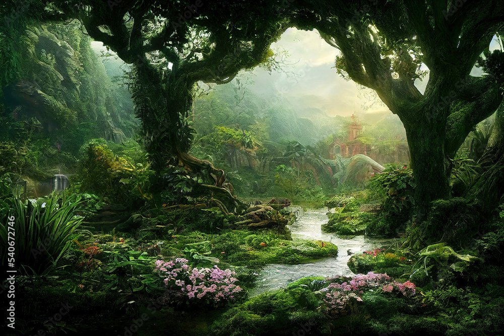 fantasy world landscape, garden of eden - obrazy, fototapety, plakaty 