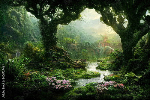 fantasy world landscape, garden of eden