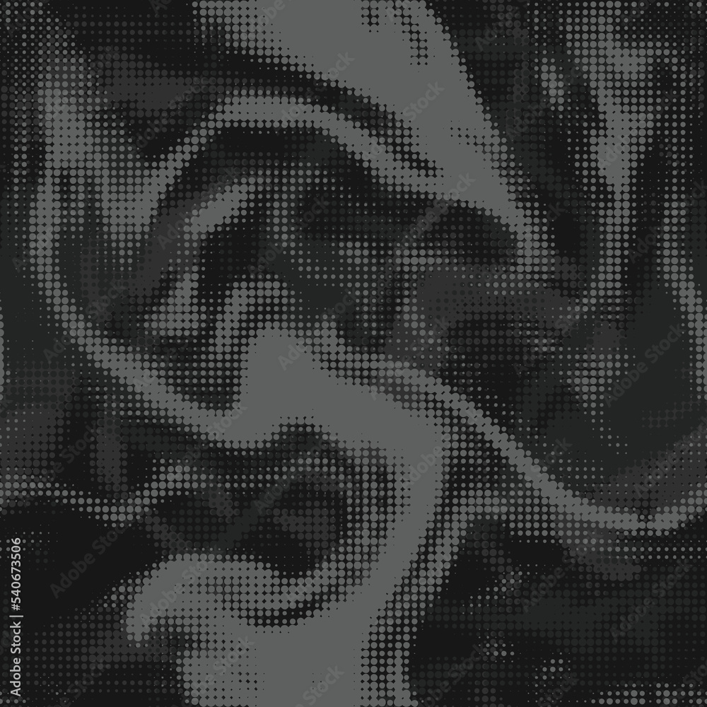 Digital dot half tone black camouflage texture, seamless waves pattern. Urban military clothing style, masking dotty smoke camo repeat print. Vector background