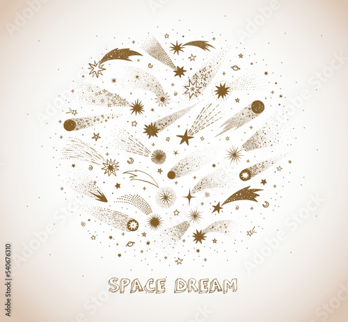 Doodle space and shooting stars in vintage style. Vector sketch illustration.