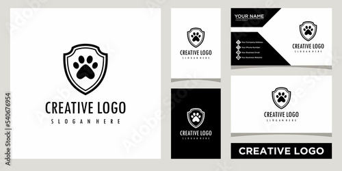 Paw dog with shield logo template with business card design