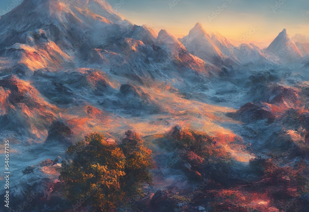 Illustration of a mountain landscape at sunrise