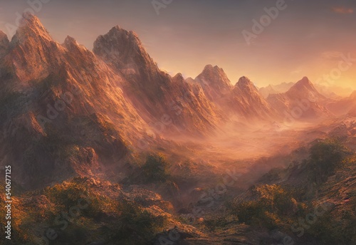 Illustration of a mountain landscape at sunrise