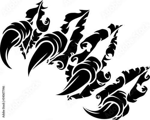 A claw with talons. Could be a monster like a dragon or dinosaur or perhaps bird like an eagle or hawk. Ripping or tearing through the background.