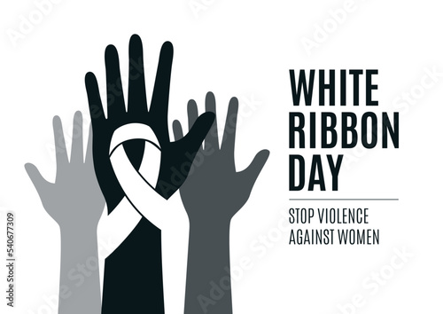 White Ribbon Day Poster with violence awareness symbol vector. Human hands up and white awareness ribbon vector. Stop violence against women design element. Important day