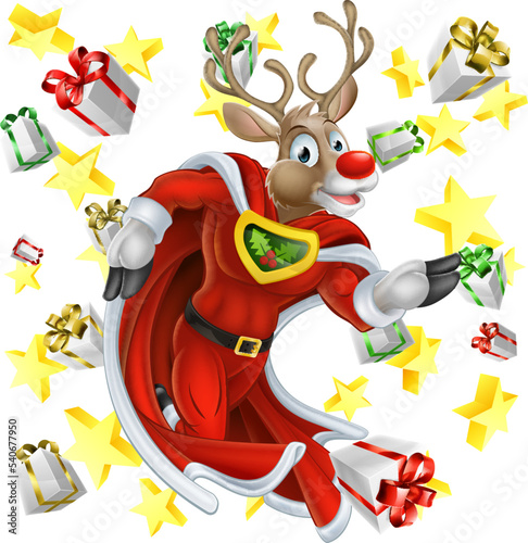 A superhero Santa s reindeer Christmas super hero with gifts and stars