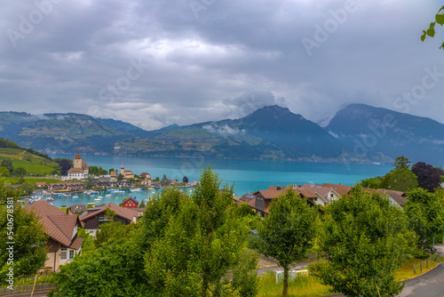 View of the village of Spiez on the Thun lake, in the Bernese Oberland, Switzerland