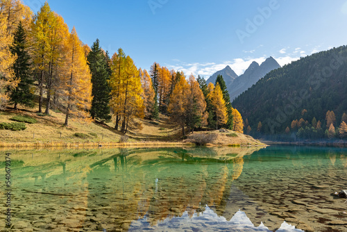 Bild auf Leinwand Herbstliche Idylle am Palpuognasee, Lai da Palpuogna, Albula-Alpen, Preda, Bergü