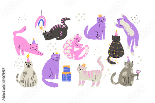 set of cute birthday cats in hand drawn flat style. vector illustration