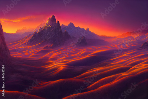 fantasy world sunset over the mountains