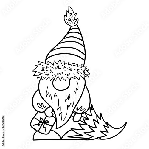 Outline illustration of a gnome with a gift and Christmas tree.