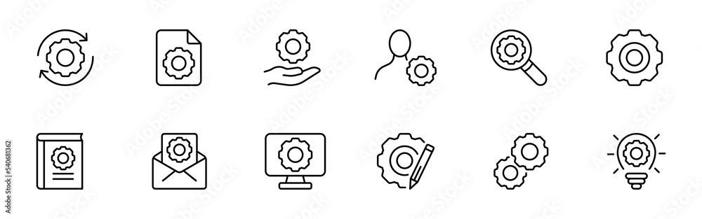 Setting set icon. Development, gear, tuning, installation, file search, application, directory, coupon, payment, folders, document. Setup concept. Vector black set icon