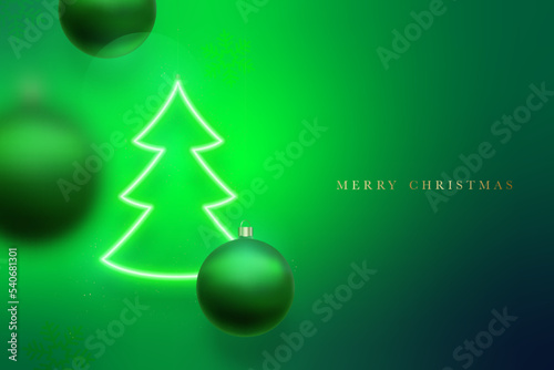Green Christmas festive background. Hanging glowing neon green christmas tree with balls neon light reflection. Motion blur effect. Modern Xmas banner.