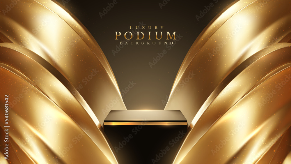 Luxury black background with product display podium and gold liquid elements with glitter light effects decorations and bokeh. Vector illustration. - obrazy, fototapety, plakaty 