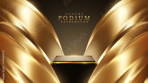 Luxury black background with product display podium and gold liquid elements with glitter light effects decorations and bokeh. Vector illustration.