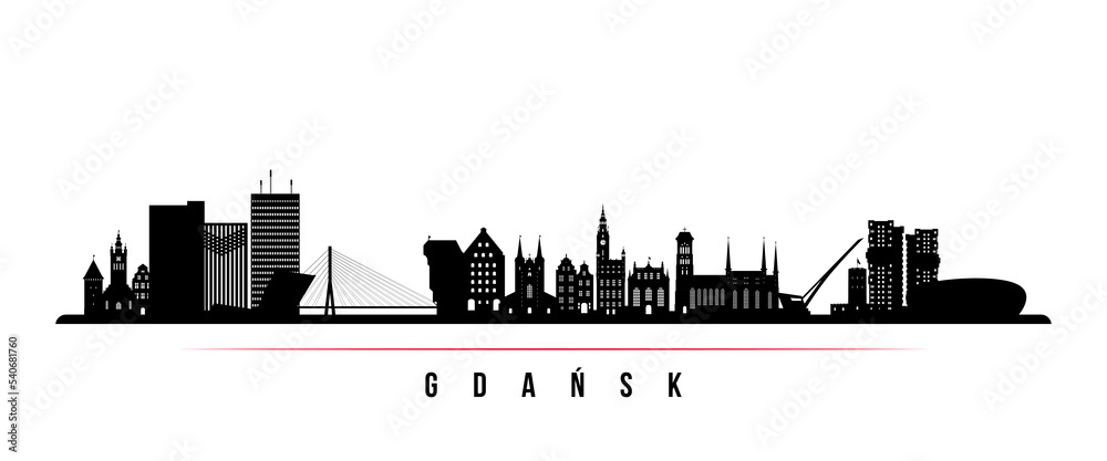 Gdansk skyline horizontal banner. Black and white silhouette of Gdansk, Poland. Vector template for your design. - obrazy, fototapety, plakaty 