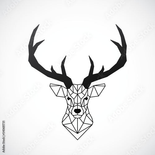 Stylized geometric shape deer with black horned. Hipster Symbol.  Reindeer Low Poly style. Line Art design.