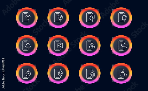 Phone apps set icon. WiFi, wireless, speedtest, smart home, bell, share, wallet, magnifier, location pointer, connection, mobile network, online shopping, clock. Technology concept. Glassmorphism