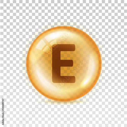 Vitamin E icon. Yellow orb pill isolated on transparent background. Big shape glass circle. Realistic oil 3d bubble. Round sphere nutrition. Design capsule. Deficiency vitamin E. Vector illustration