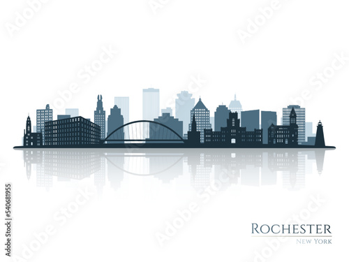 Rochester skyline silhouette with reflection. Landscape Rochester, NY. Vector illustration.