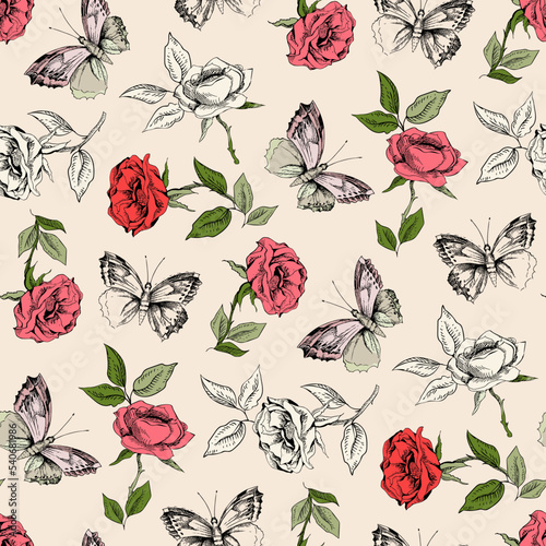 Seamless Pattern of Roses and Butterflies.