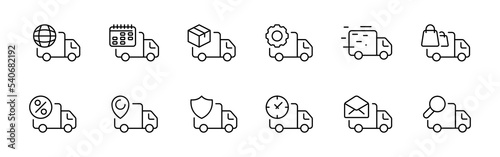Fast shipping line icon. Logistics, truck, time, watch, courier, deliver parcel, mail, gear, calendar, minivan, customer, purchase, buy, client, drive, car. Delivery concept. Vector black set icon