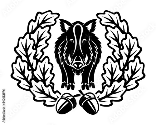 Wild boar and oak leaves icon on white background.