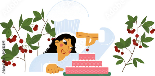illustration, against the background of cherry branches with berries, a confectioner girl puts a cherry on the cake.