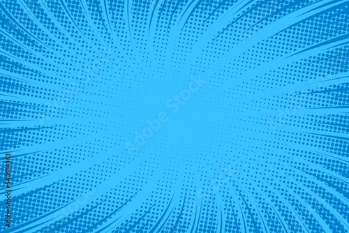 Comic blue background. Pop art texture. Starburst check cartoon style. Anime mark design with explosion effect for prints. Fun dot pattern. Checks backdrop with halftone gradient. Vector illustration