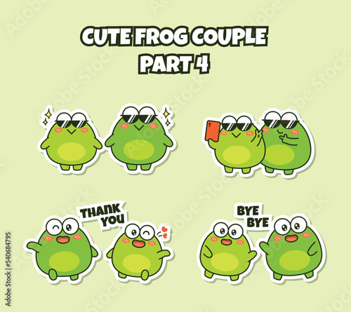 Set of cute couple frog sticker emoji wearing sunglasses take a picture say thank you and bye bye emoticon