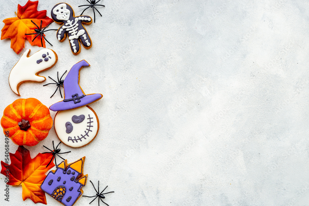 Halloween party cookies and pampkins - holiday background