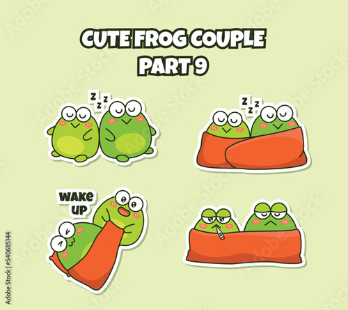 Set of cute kawaii couple little frog sticker emoji sleep sick and wake up emoticon