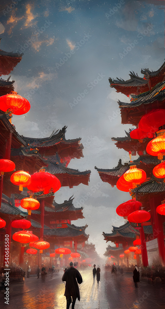 Fototapeta premium A shopping street in the Chinese imperial city. Traditional lighting equipment of Japan. Chinese lantern. Chinese New Year 2023, 3d illustration.