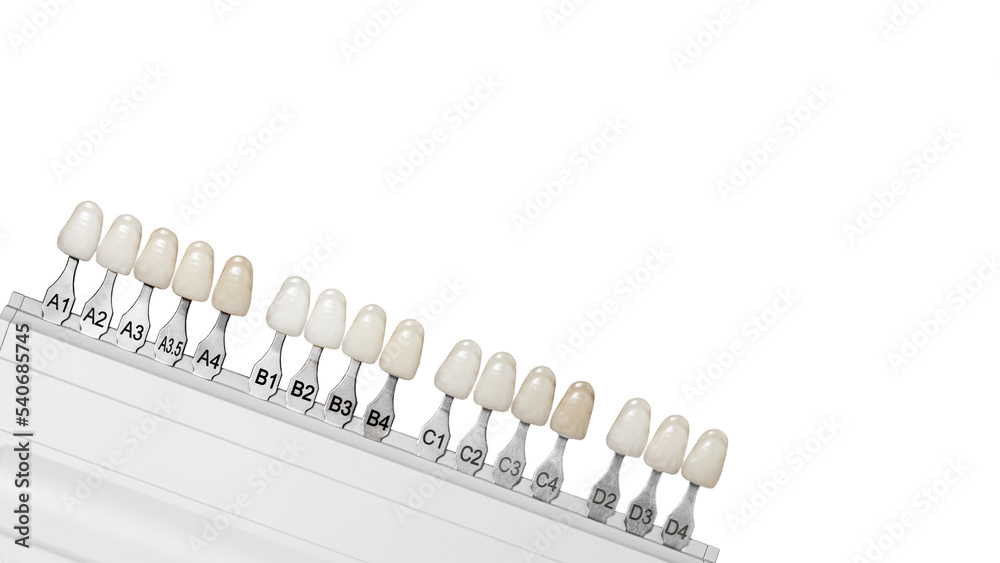 teeth color samples isolated on white background. Stomatology, whitening teeth, tooth implant, veneers, crowns, and dentures. teeth color samples isolated on white background. Stomatology, whitening teeth, tooth implant, veneers, crowns, and dentures.